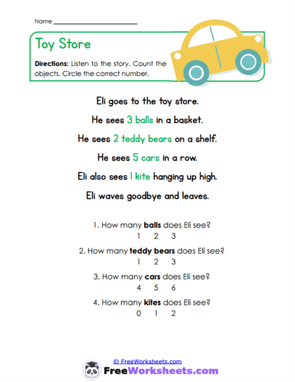 Toy Store Worksheet