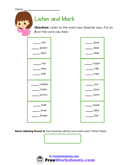 Listen and Mark Worksheet