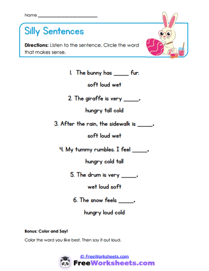 Silly Sentences Worksheet
