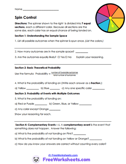 Spinner Odds Worksheet