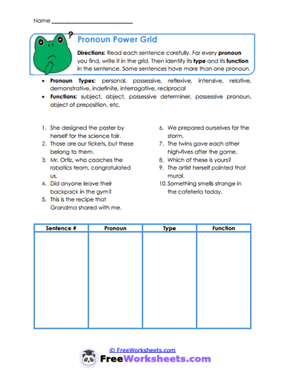 Pronoun Grid Worksheet