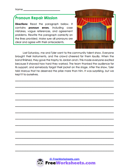 Pronoun Proofreading Worksheet