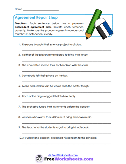Agreement Repairs Worksheet
