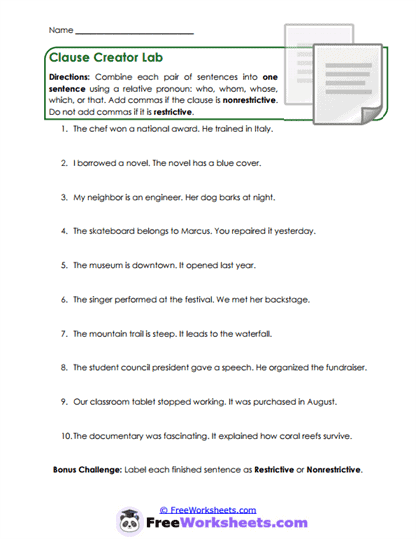 Relative Clauses Worksheet