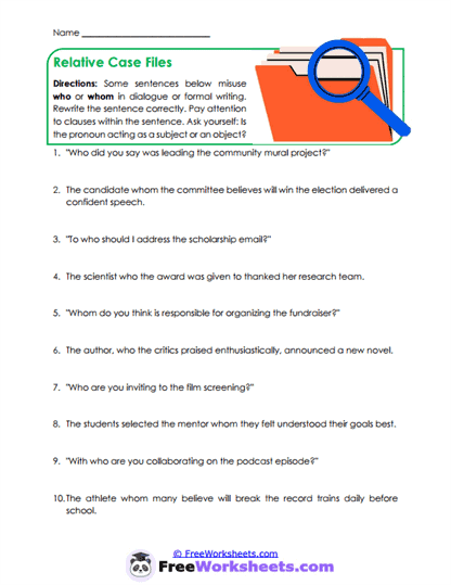 Relative Choices Worksheet