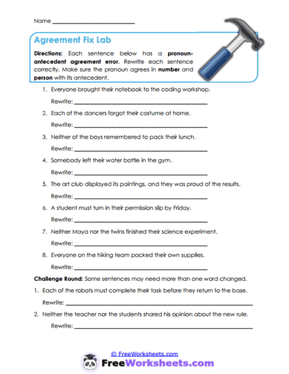 Agreement Repair Worksheet