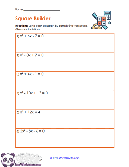 Square Completion Worksheet