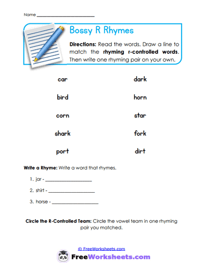 Bossy R Rhymes Worksheet