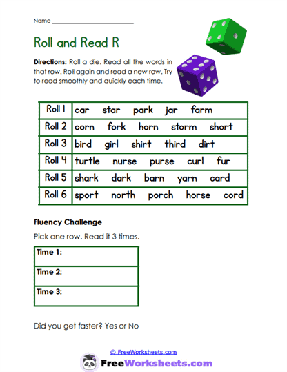 Roll and Read R Worksheet