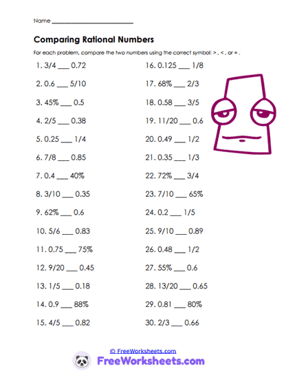 Number Compare Worksheet