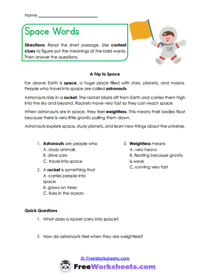 Space Words Worksheet