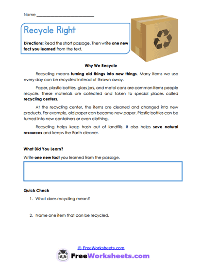 Recycling Facts Worksheet