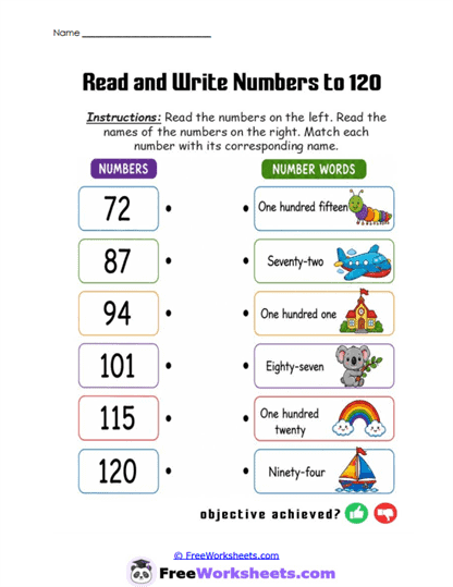 Grade 1 Read and Write Numbers to 120 Worksheet Collection
