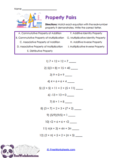 Property Matches Worksheet