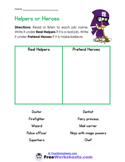 Helper Sort Worksheet