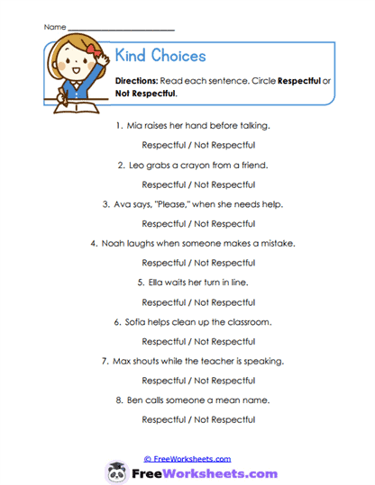 Respectful Classroom Behavior Worksheets