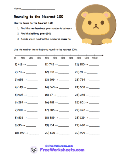 Lion Hundreds Worksheet