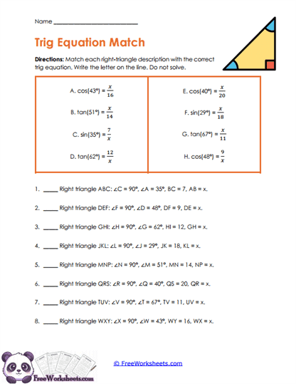 Equation Match Worksheet