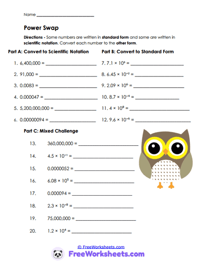 Power Tables Worksheet