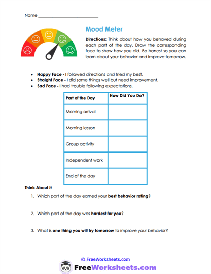 Behavior Mood Worksheet