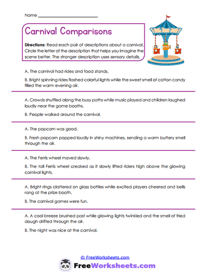 Carnival Comparisons Worksheet