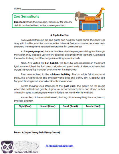 Zoo Sensations Worksheet