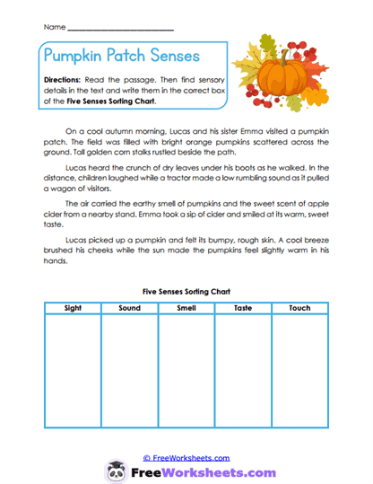 Pumpkin Patch Senses Worksheet
