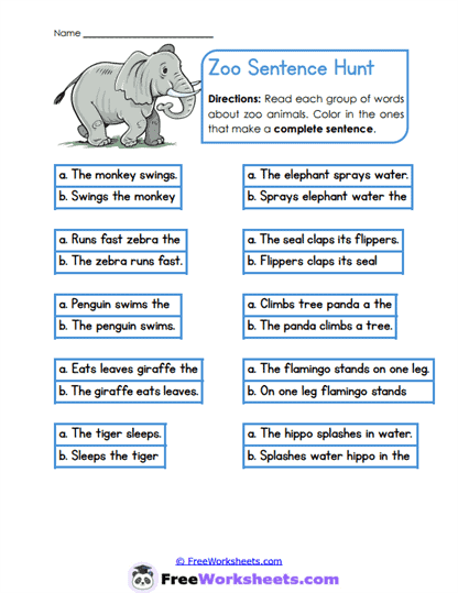 Zoo Sentences Worksheet