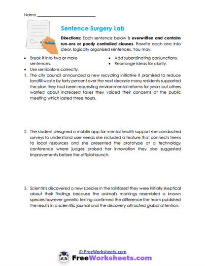 Sentence Surgery Worksheet
