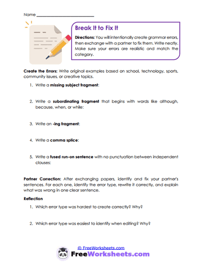 Error Exchange Worksheet