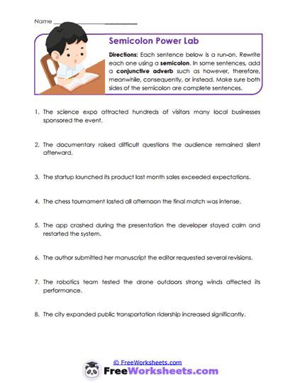 Semicolon Mastery Worksheet