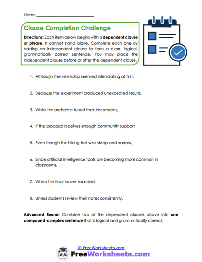 Clause Completion Worksheet