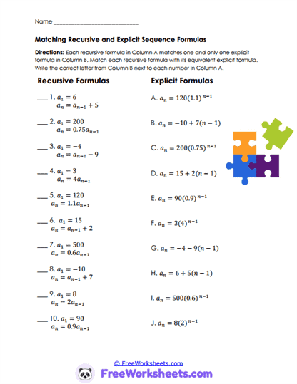 Formula Match Worksheet