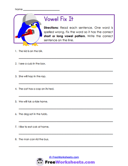 Vowel Pattern Fix-It Worksheet