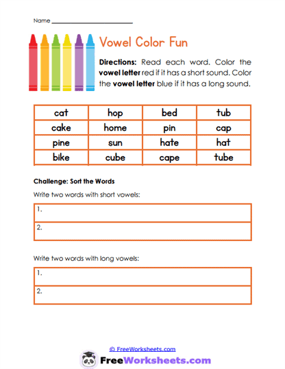 Vowel Color Fun Worksheet