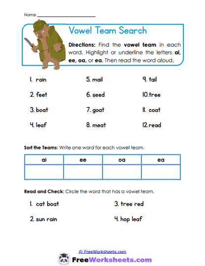 Vowel Team Search Worksheet