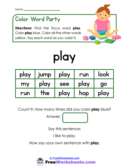 Color Word Party Worksheet