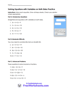 Solving Equations with Variables on Both Sides Worksheets ...