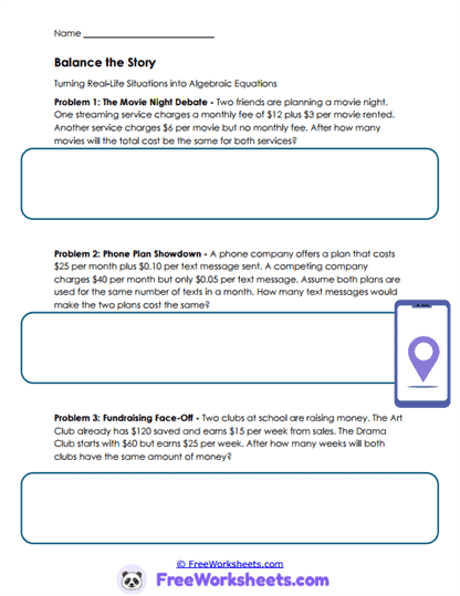 Algebra Stories Worksheet