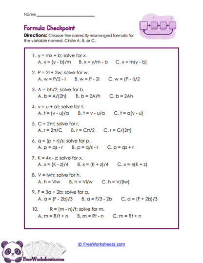 Solving Literal Equations 9th Grade Math Worksheet Collection