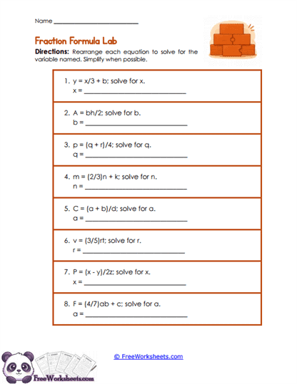 Fraction Formulas Worksheet