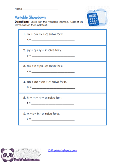 Variable Showdown Worksheet