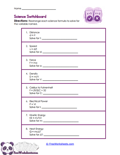 Science Formulas Worksheet