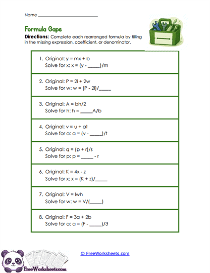 Formula Blanks Worksheet