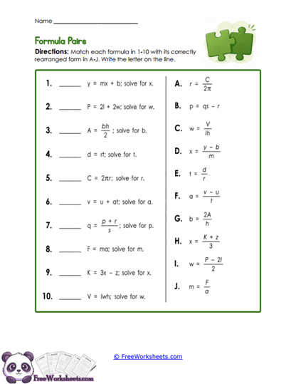 Formula Match Worksheet