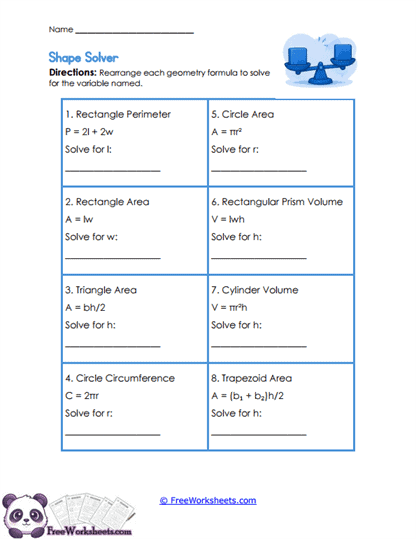 Geometry Formulas Worksheet