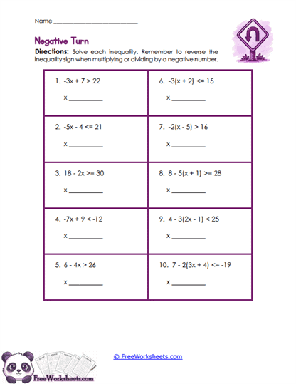 Negative Turns Worksheet