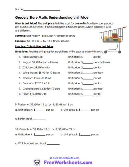 Price Smarts Worksheet