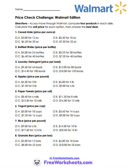 Price Challenge Worksheet