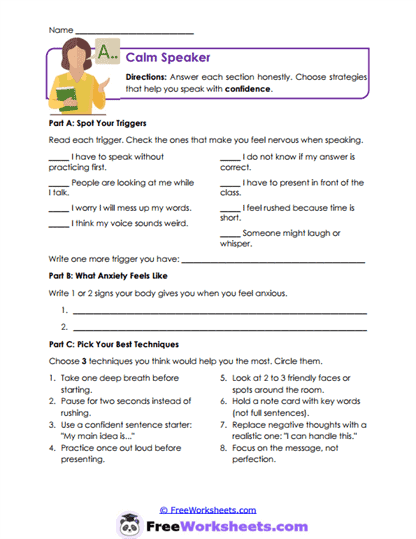 Calm Speaker Worksheet